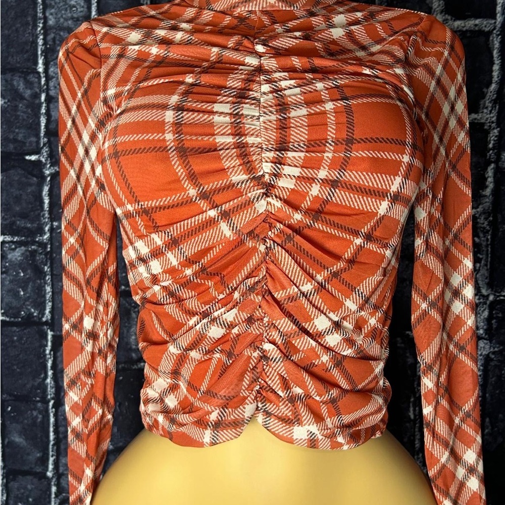 Plaid Orange Ruched Women's Top